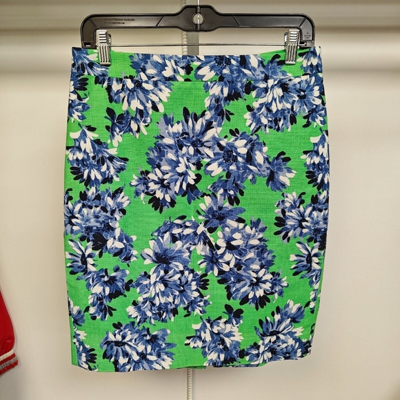 J Crew Basketweave Pencil Skirt Colorful Green Blue Floral Pattern Cotton Size 2 - Picture 2 of 8